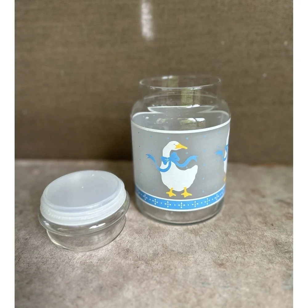 Vtg Storage Canister Jar Libbey Glass Goose with Blue Ribbon Frosted 7